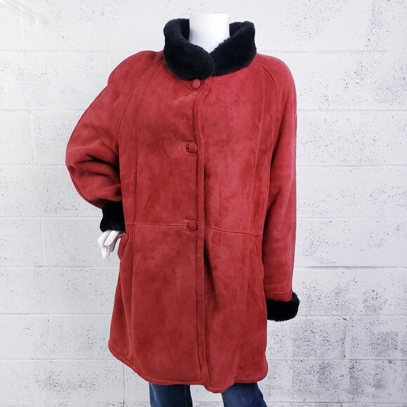 Ardney Womens Large  Suede Leather Coat Red Faux Fur Trim Collar High Neck - Picture 1 of 15
